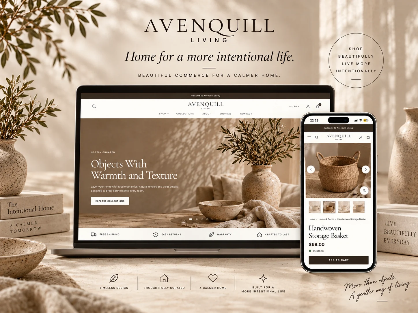 Avenquill Living homepage displayed on a laptop beside its mobile product page