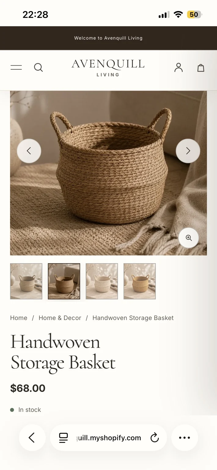 Earlier Avenquill Living concept mobile product page