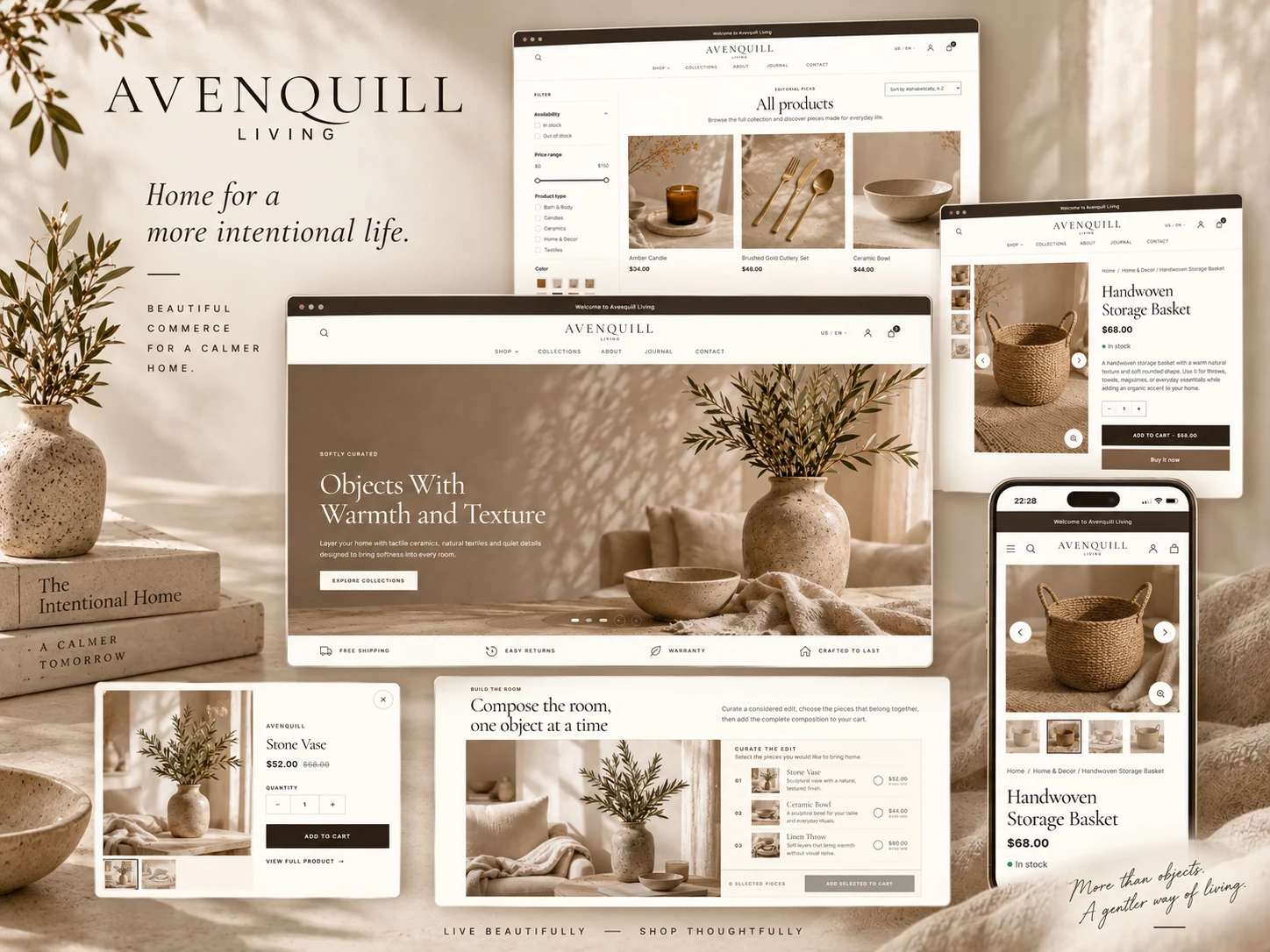 Avenquill Living showcase collage with the storefront, collections, product detail, Quick View and mobile shopping