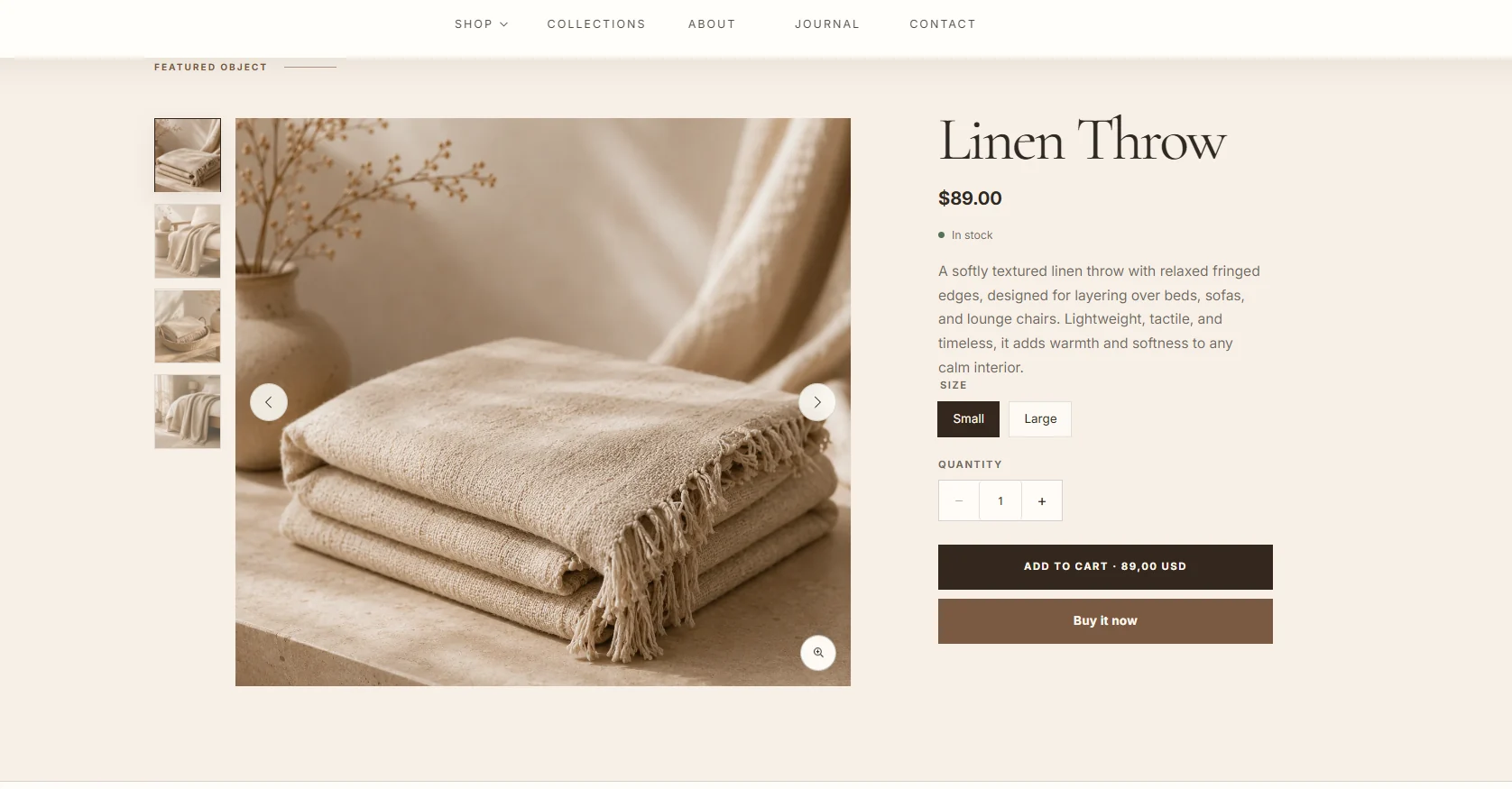 Aurelia Living Shopify theme product presentation showing a linen throw with product options and purchase controls
