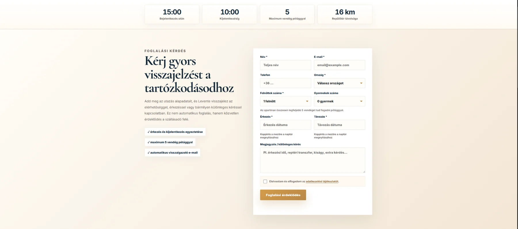 Flat Margaret közvetlen foglalási érdeklődő űrlap dátum- és vendégmezőkkel
