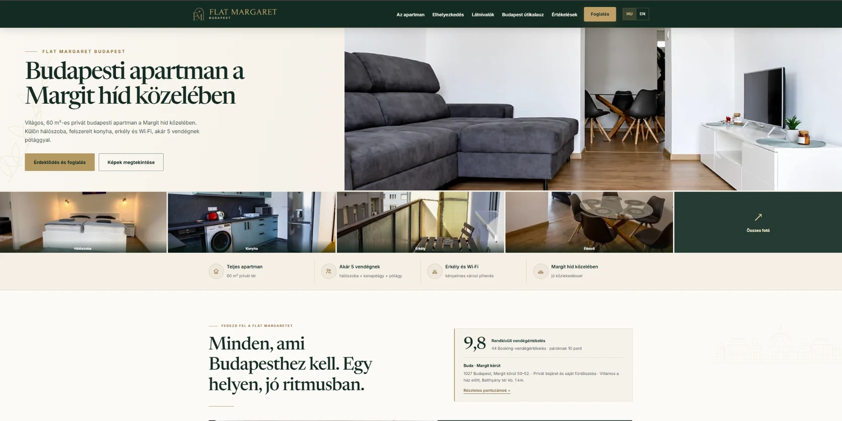 Flat Margaret Budapest megújult főoldala: mélyzöld és arany arculat, apartmanfotós hero és navigáció