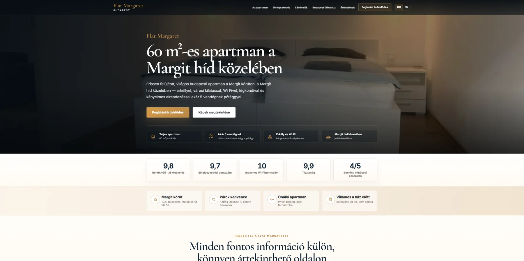 Flat Margaret budapesti apartman weboldalának főoldala és hero szekciója