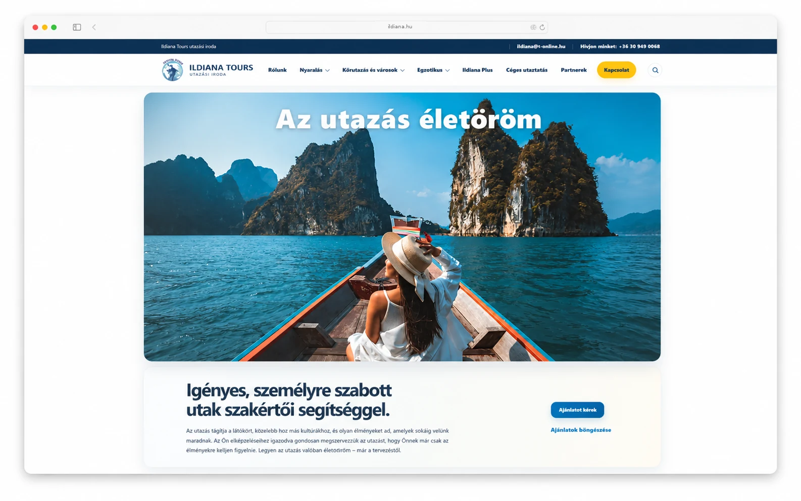 Ildiana Tours utazási weboldal főoldala ajánlatkereső hero szekcióval