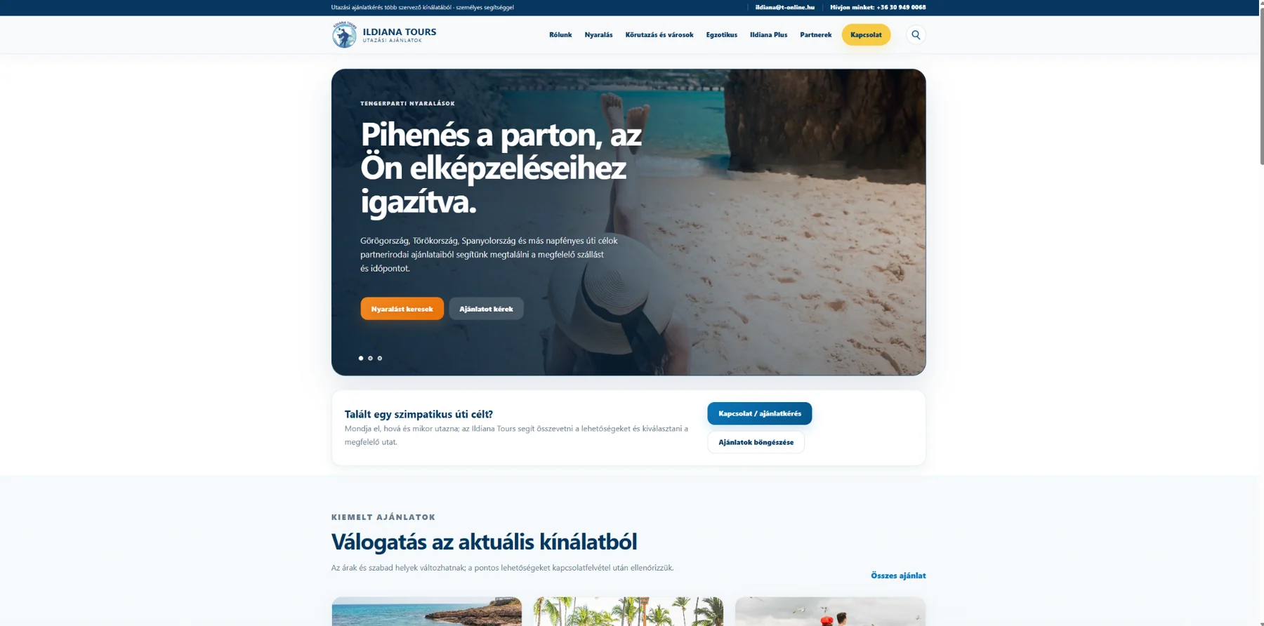 Ildiana Tours utazási weboldal főoldala ajánlatkereső hero szekcióval
