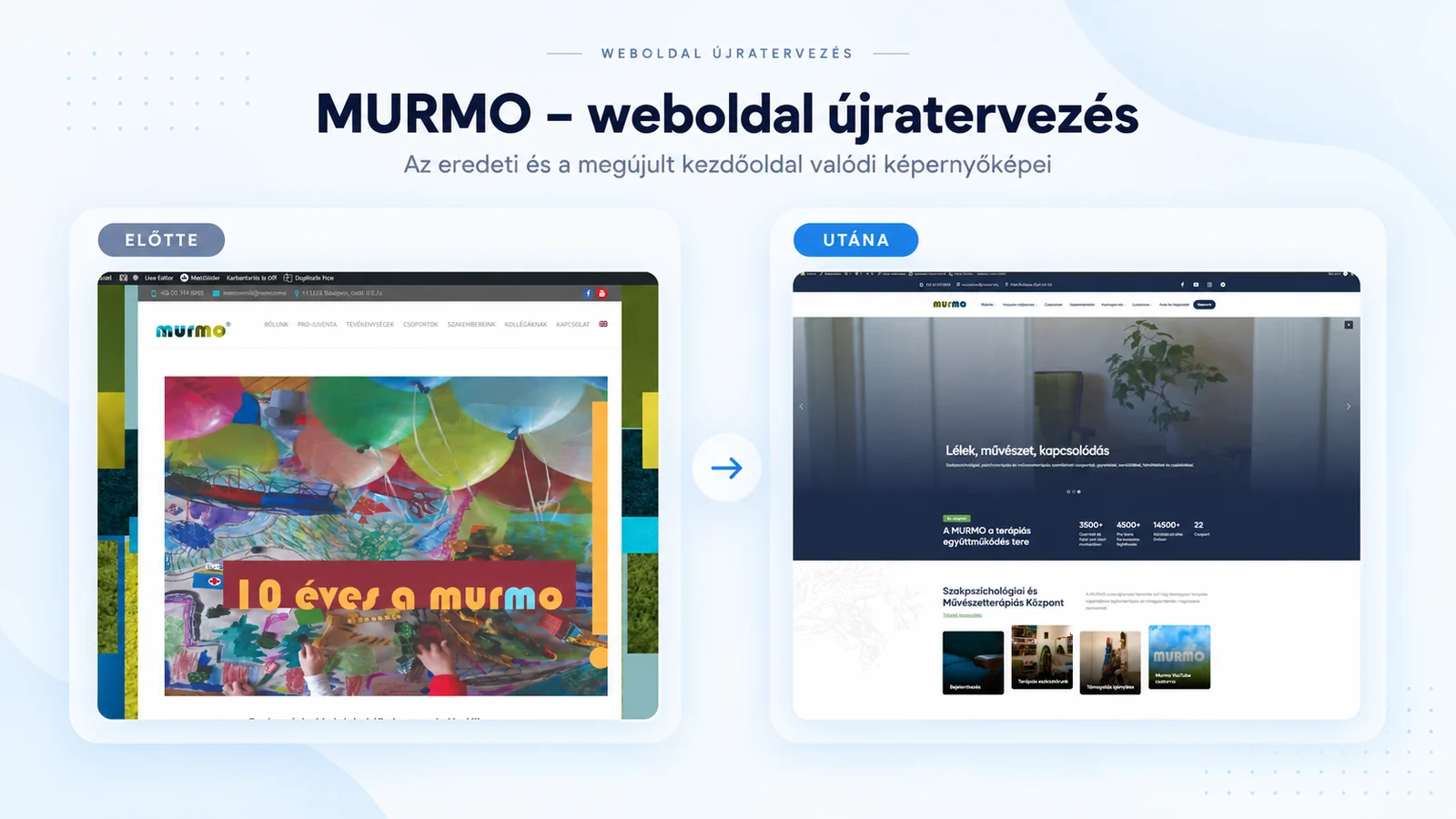 MURMO weboldal előtte és utána: régi keskeny főoldal és megújult reszponzív megjelenés