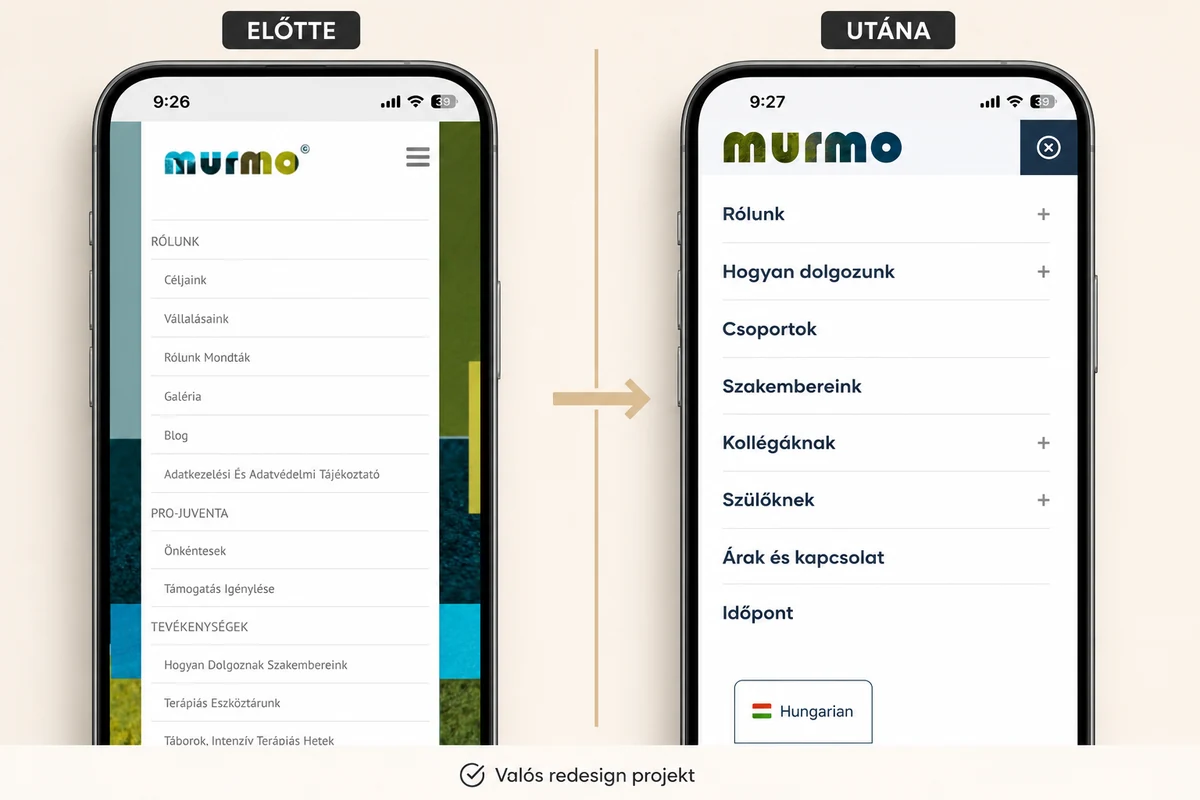 Murmo mobilmenü redesign előtte és utána összehasonlításban
