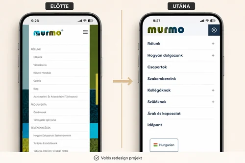 Murmo mobilmenü redesign előtte és utána összehasonlításban