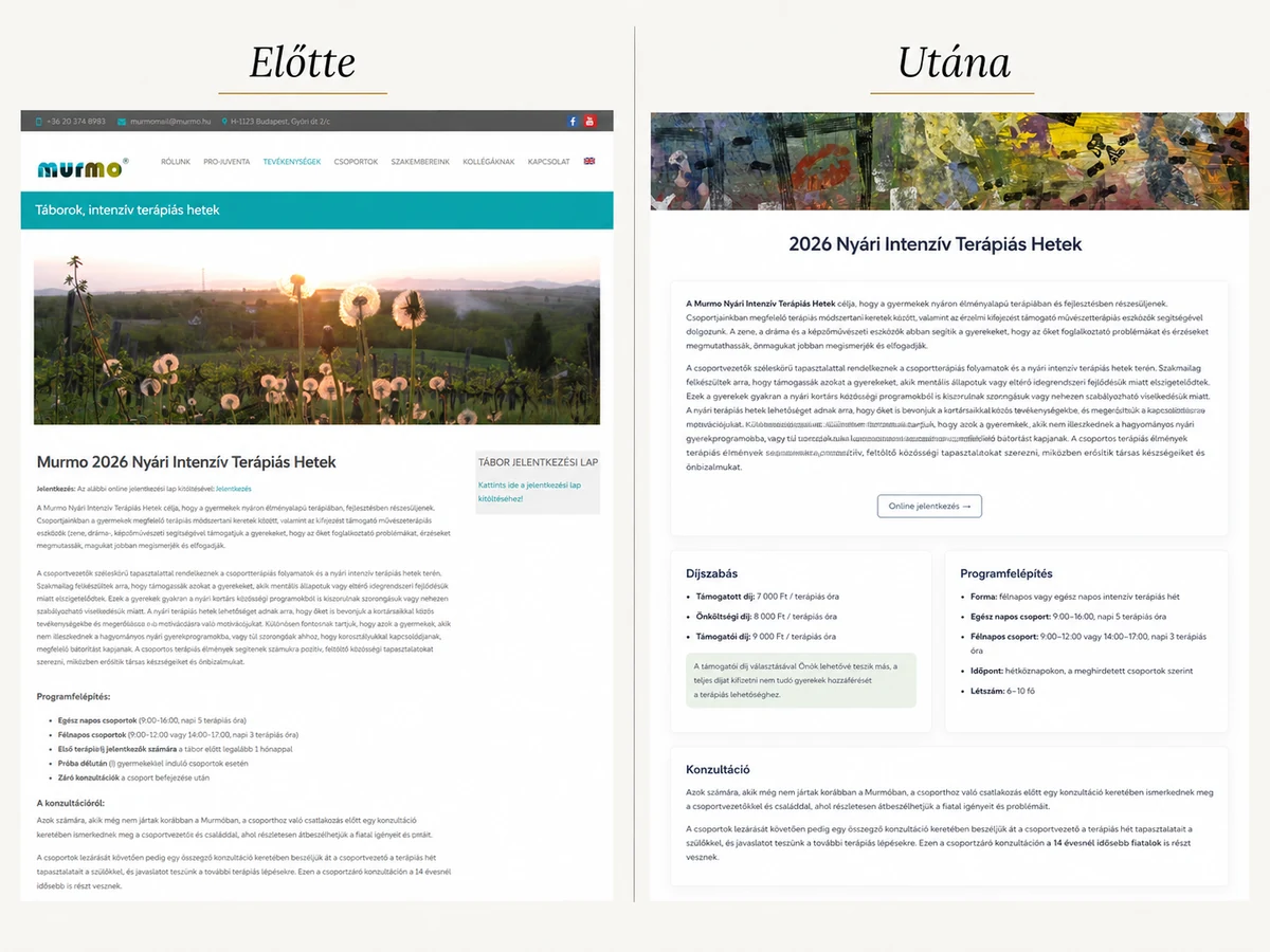 Murmo tartalmi aloldal redesign előtte és utána összehasonlításban
