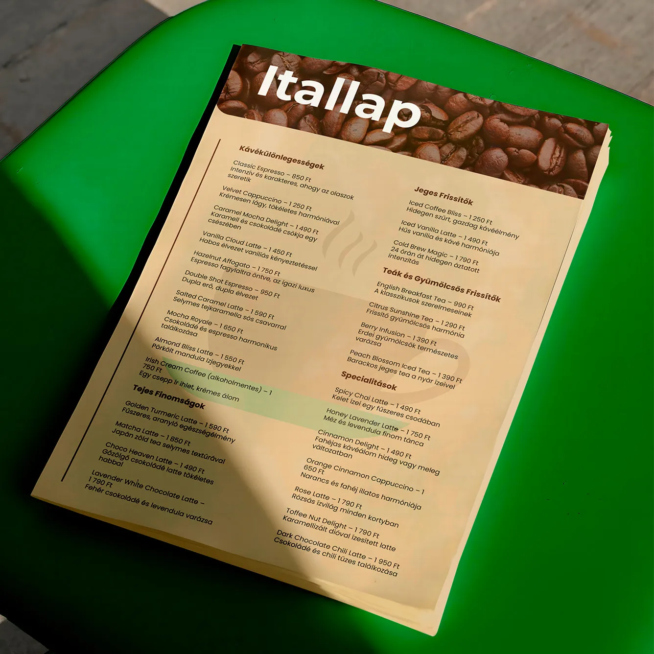 Mocha itallap dizájn – éttermi és vendéglátóipari nyomtatott anyag
