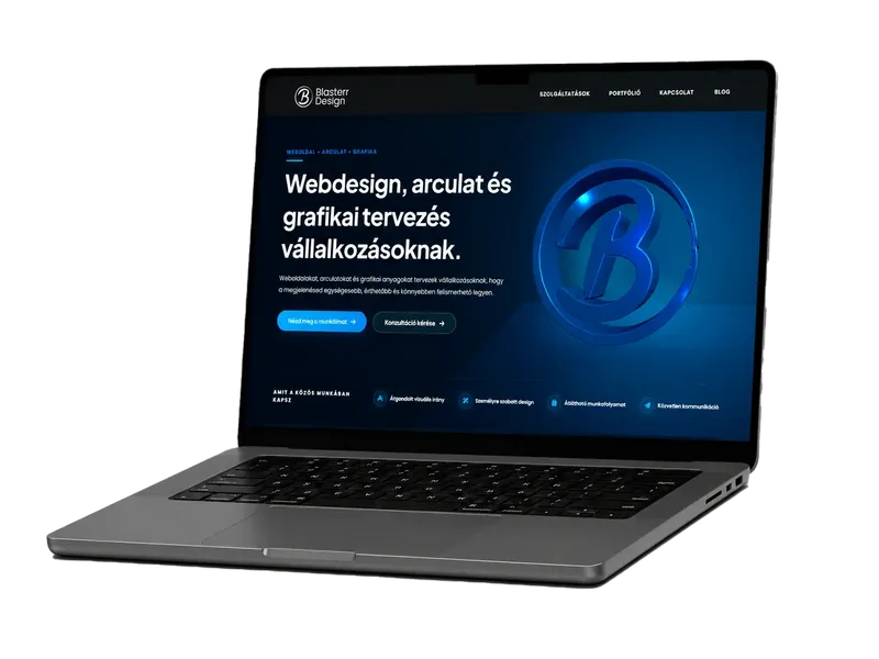 Blasterr Design saját weboldal referencia laptop mockupon