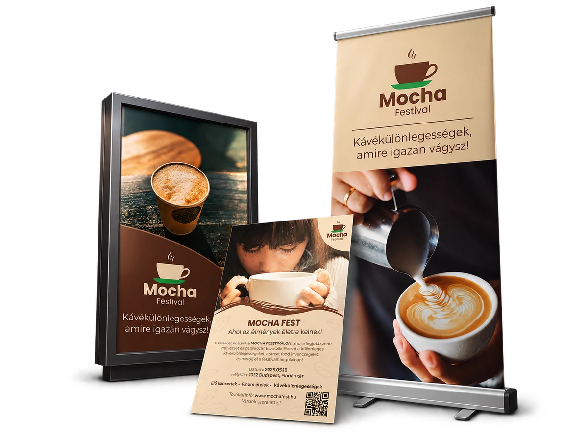 Mocha Festival arculati elemek: citylight, roll-up és szórólap egységes mockup kompozícióban