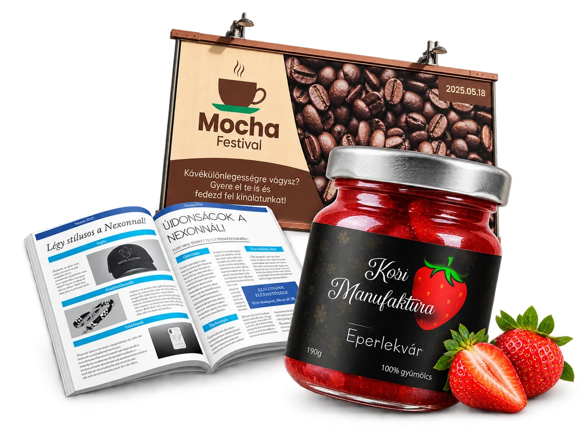Lekvár csomagolás, magazin és plakát egy grafikai tervezési mockup kompozícióban