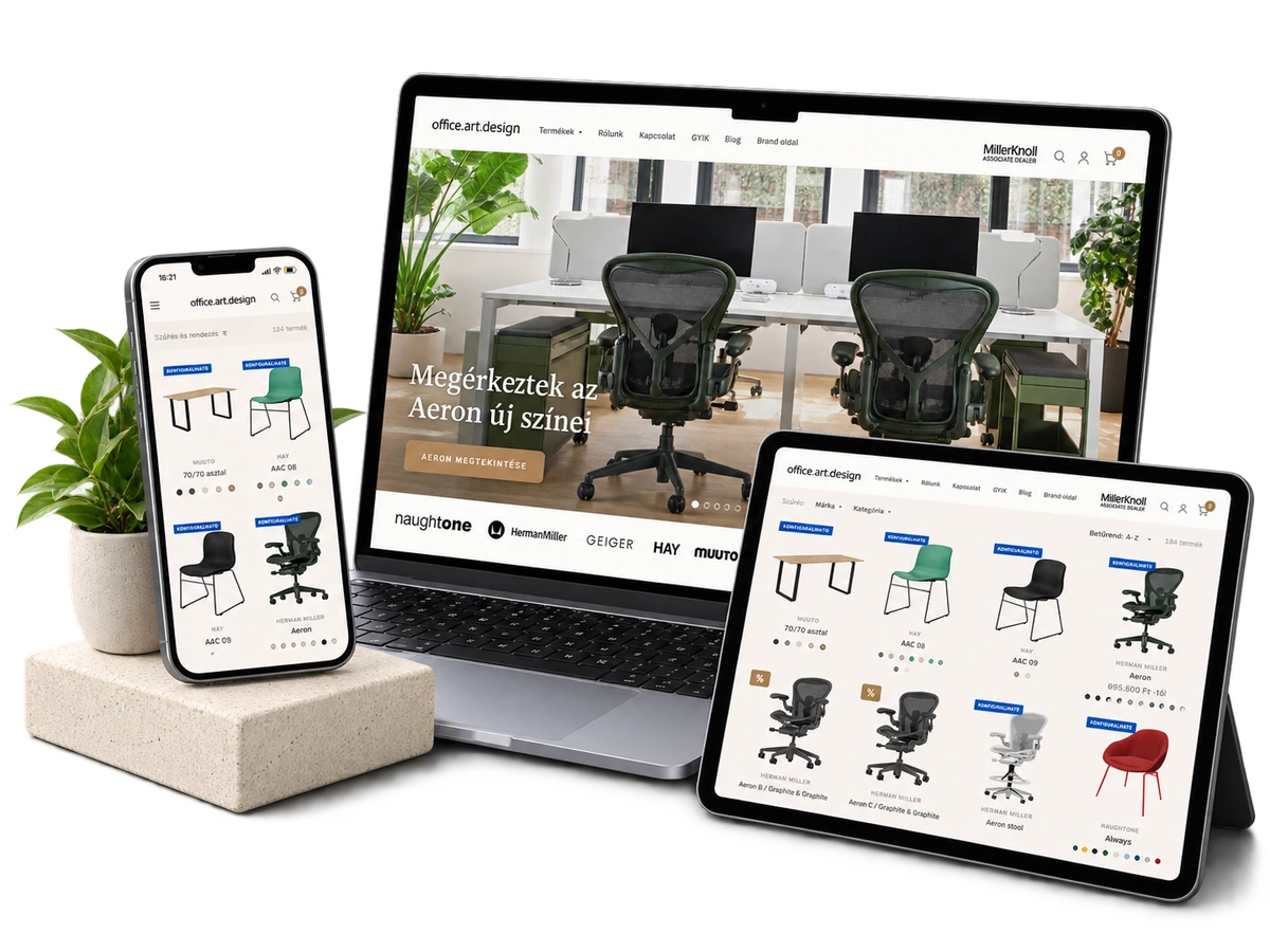 Office Art & Design Shopify webshop laptopon, tableten és mobilon, átlátszó hátterű mockup kompozícióban