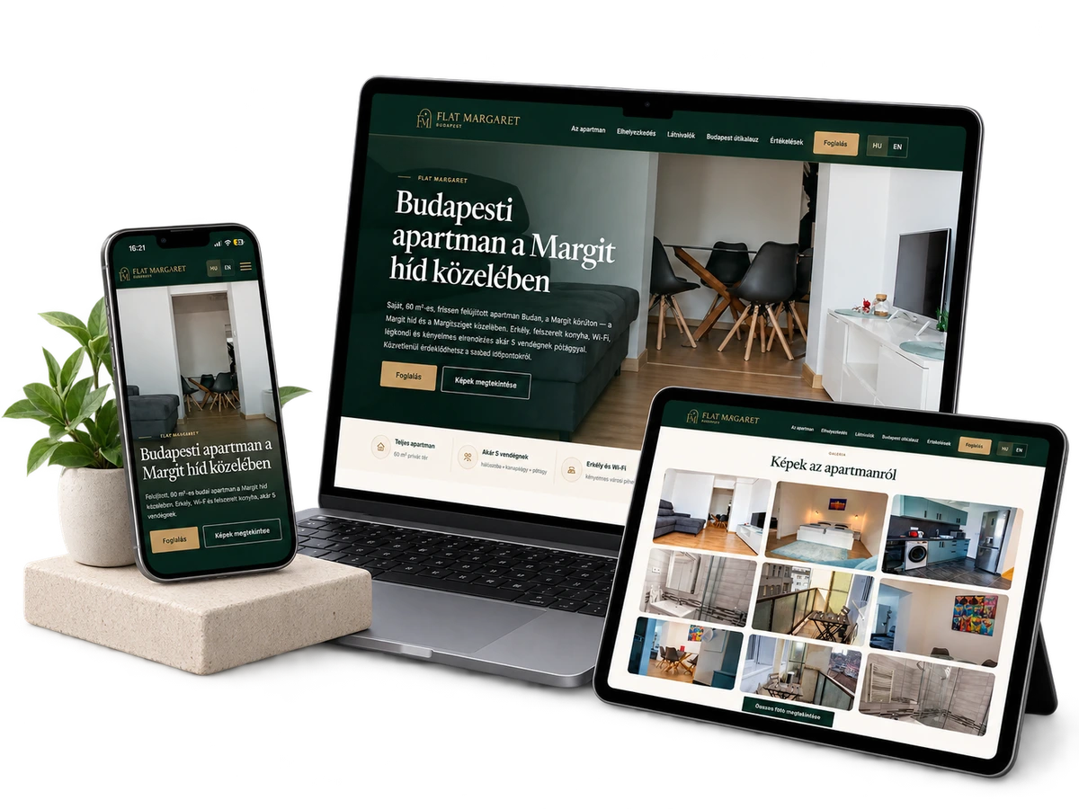 Flat Margaret website shown in laptop, tablet and mobile mockups in one elegant composition