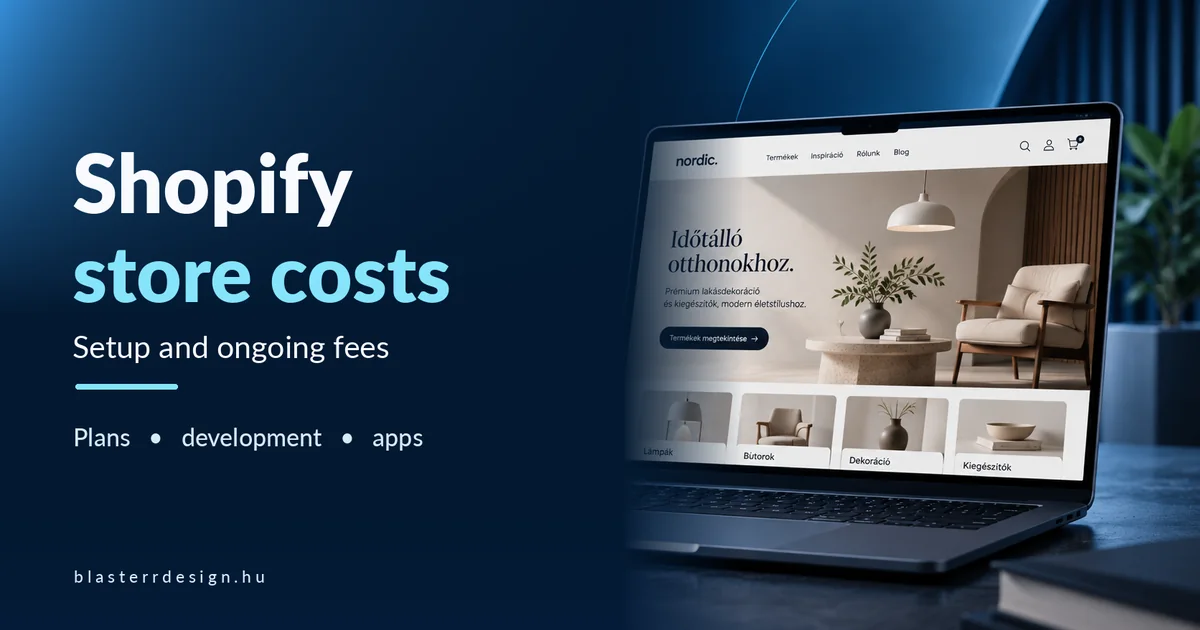 Shopify store costs illustrated with a sample ecommerce storefront and a laptop mockup