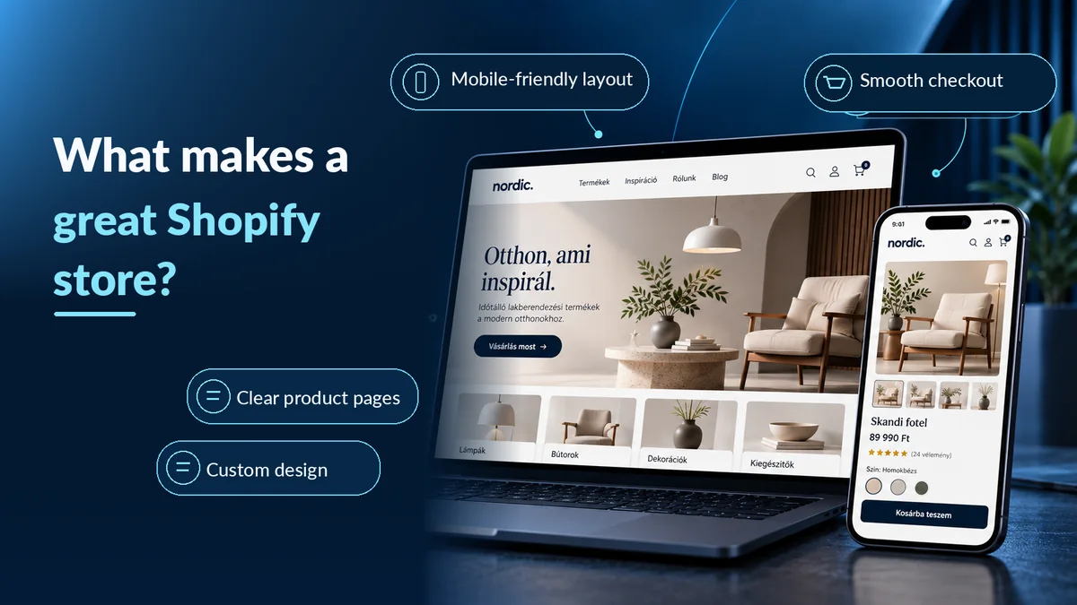 Concept illustration of desktop and mobile Shopify store design showing product pages and checkout usability