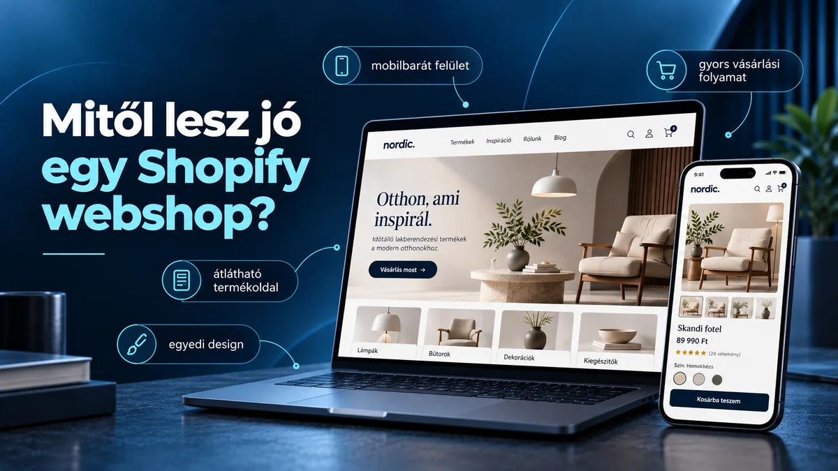 Illusztráció egy Shopify webshop asztali és mobilos felületéről, a termékoldal és a vásárlási élmény kiemelésével