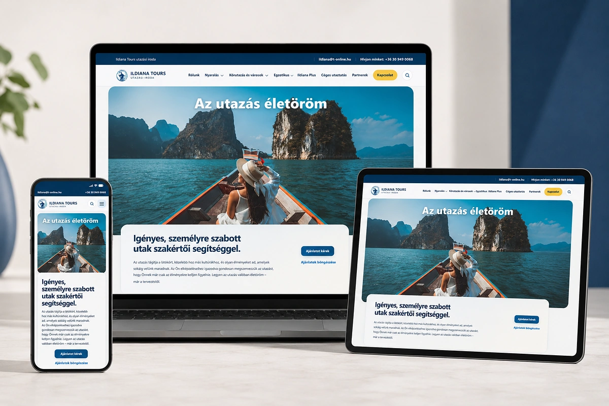 Reszponzív Ildiana Tours weboldal laptopon, tableten és telefonon