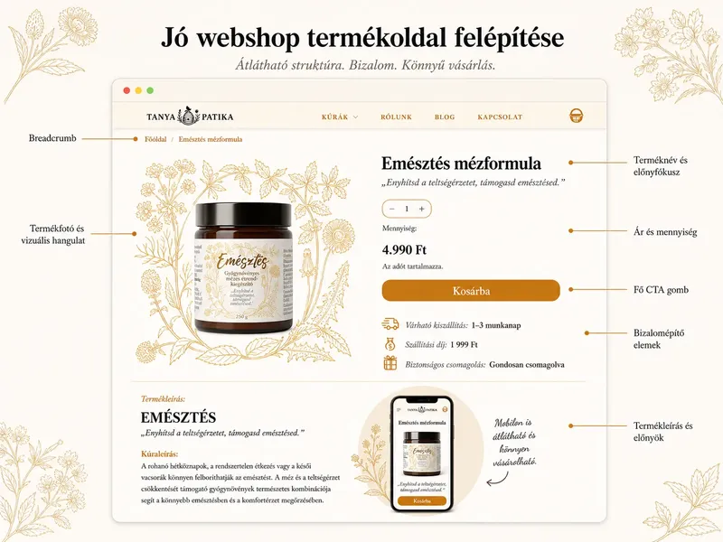 Webshop termékoldal struktúra – termékkép, előnyök, bizalomépítés és vásárlási gomb